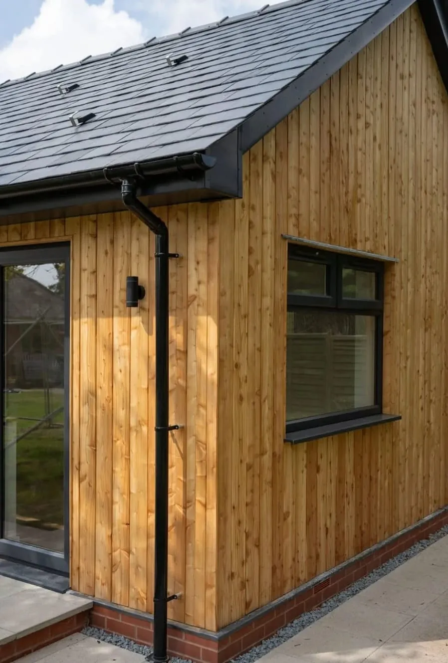 Timber-clad garden art studio in Ross-on-Wye with a black up and down wall light fitted by TR Electrical